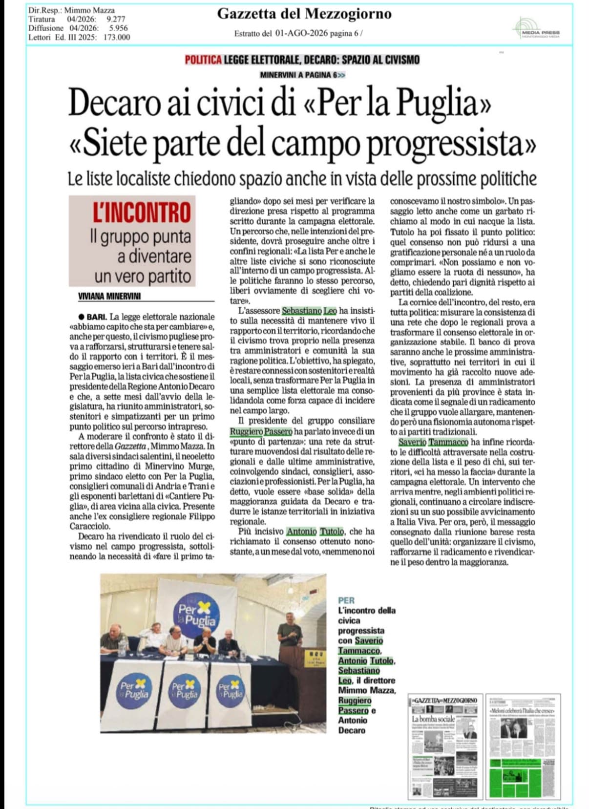 Ritaglio della Gazzetta del Mezzogiorno sull’incontro regionale di Per la Puglia