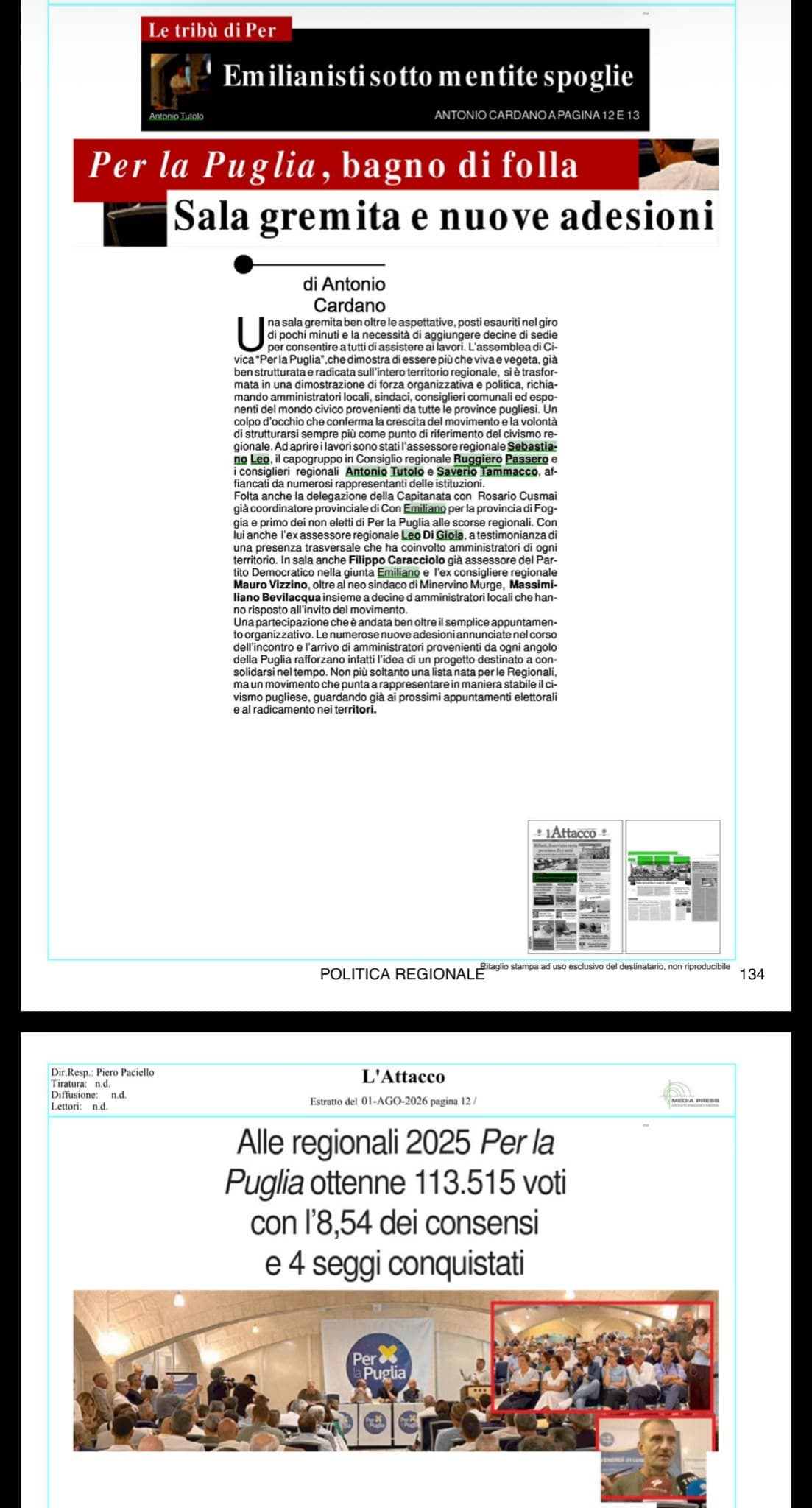 Ritaglio de L’Attacco sull’incontro regionale di Per la Puglia del 31 luglio 2026