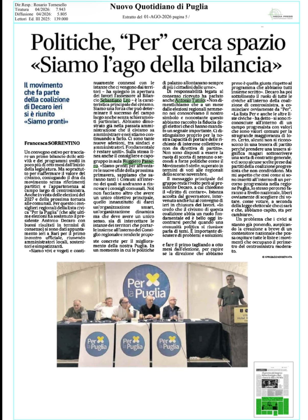 Ritaglio del Nuovo Quotidiano di Puglia sul percorso politico di Per la Puglia